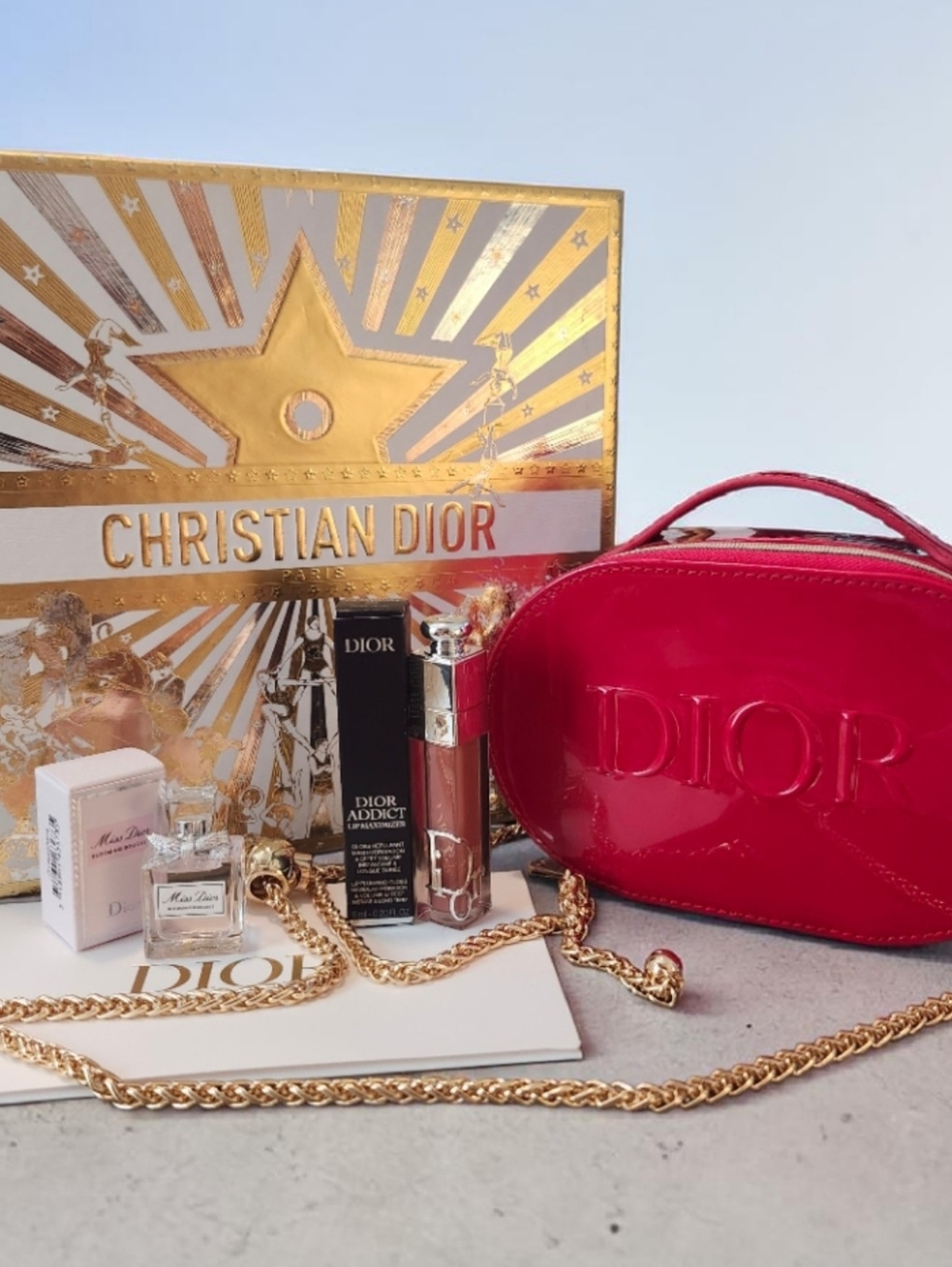 Dior Red Patent Leather Cosmetic Crossbody Bag with Gold Chain -NEW